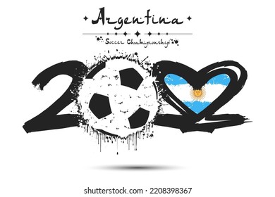 Number 2022, consisting of a soccer ball instead of a zero and a heart in the colors of the flag of Argentina, formed from two twos looking at each other. Vector illustration on isolated background