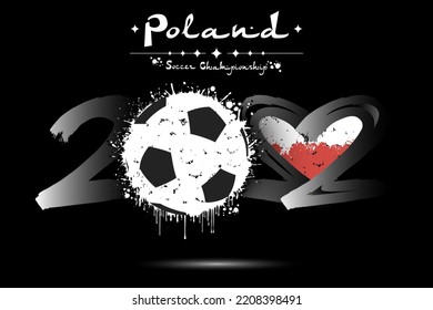 Number 2022, consisting of a soccer ball instead of a zero and a heart in the colors of the flag of Poland, formed from two twos looking at each other. Vector illustration on isolated background