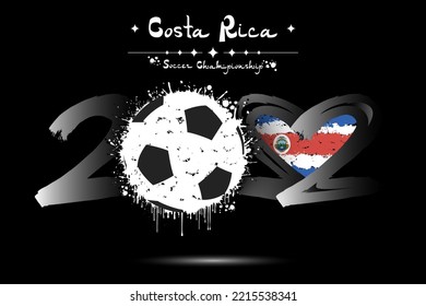 Number 2022, consisting of a soccer ball instead of a zero and a heart in the colors of the flag of Costa Rica, formed from two twos looking at each other. Vector illustration on isolated background