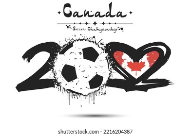 Number 2022, consisting of a soccer ball instead of a zero and a heart in the colors of the flag of Canada, formed from two twos looking at each other. Vector illustration on isolated background