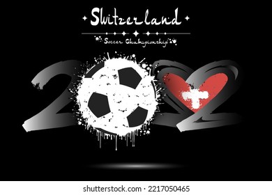 Number 2022, consisting of a soccer ball instead of a zero and a heart in the colors of the flag of Switzerland, formed from two twos looking at each other. Vector illustration on isolated background
