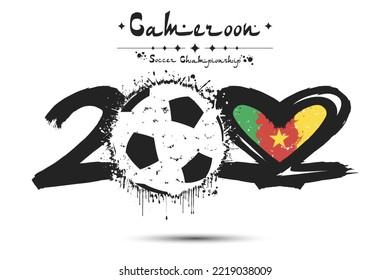 Number 2022, consisting of a soccer ball instead of a zero and a heart in the colors of the flag of Cameroon, formed from two twos looking at each other. Vector illustration on isolated background