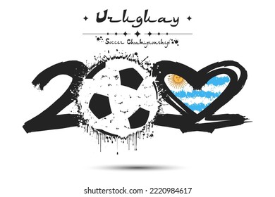 Number 2022, consisting of a soccer ball instead of a zero and a heart in the colors of the flag of Uruguay, formed from two twos looking at each other. Vector illustration on isolated background