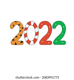 Number 2022 decorated in New Year style with candies, tiger and snowflakes pattern isolated on white, vector illustration