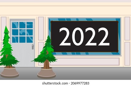 Number 2022 with front door background. Store, Restaurant or drink establishment front with poster. Future business career, New Year goals, goal concept.
