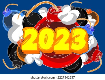 Número 2023 con bomba. Ilustración de vectores de dibujos animados.