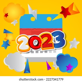 Number 2023 with Calendar. Cartoon vector illustration.