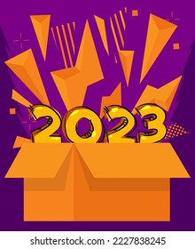 Number 2023 with cardboard box. Vector cartoon folded card box illustration.