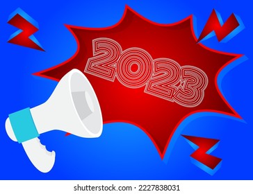 Number 2023 with cartoon Megaphone. Vector Announcement illustration.