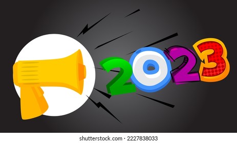 Number 2023 with cartoon Megaphone. Vector Announcement illustration.