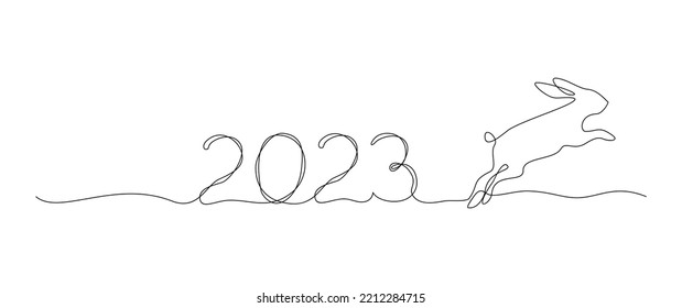 Number 2023 and jumping rabbit in line art style on a white background. Symbol of 2023. Vector illustration