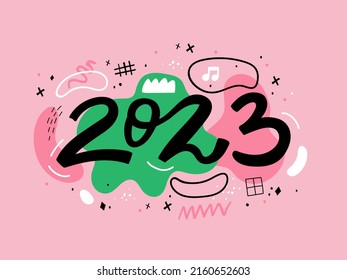 Number 2023 on abstract hand drawn pink background. 2023 new year logo text concept. Celebration greeting card or poster. Happy new year, vector illustration.