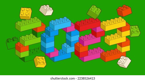Number 2023 sign from Plastic building blocks. Colored bricks happy new year are isolated on white background. Vector 3d illustration.
