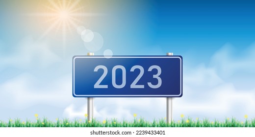 Number 2023 writing on a traffic sign. with blue sky on sunny day. concept of happy new year. vector illustration