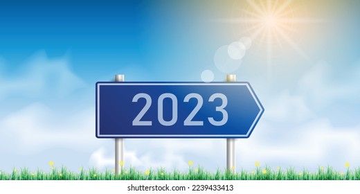 Number 2023 writing on a traffic sign. with blue sky on sunny day. concept of happy new year. vector illustration