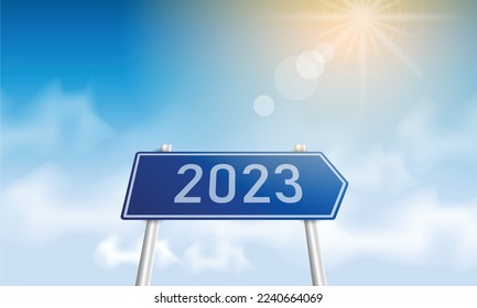 Number 2023 writing on a traffic sign. with blue sky on sunny day. concept of happy new year. vector illustration