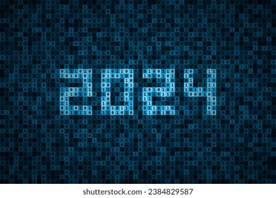 Number 2024 made from 0 and 1 symbols of binary code. Dark digital technology background, data represented by binary number system. Modern technologies