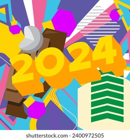 The number 2024 on geometrical graphic retro theme background. Minimal geometric holiday elements. Vintage abstract shapes vector illustration.