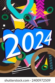 The number 2024 on geometrical graphic retro theme background. Minimal geometric holiday elements. Vintage abstract shapes vector illustration.