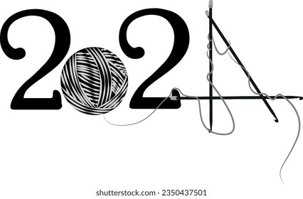 
Número 2024 sobre un fondo blanco. Diseño a partir de bolas de hilados y brochetas, diseño de tarjetas de tejer con logotipo 2024. Plantilla de diseño Cartel de tipografía de celebración, cartel o tarjeta de saludo para Feliz Año Nuevo.