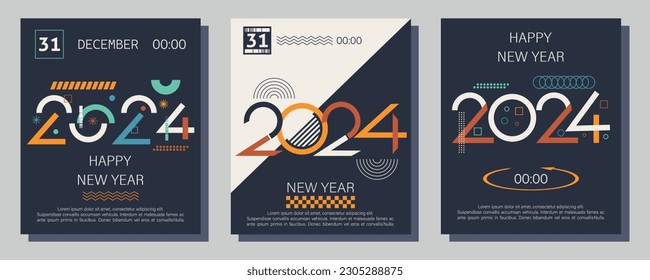 Number 2024 poster design. 2024 logo text design. Design template Festive typographic poster, banner or greeting card with geometric shapes and figures Happy New Year. Vector illustration.