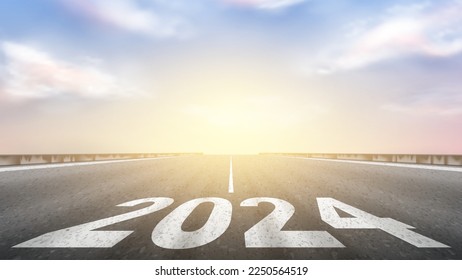 Número 2024 escrito en calle vacía. Concepto del Año Nuevo 2024. Concepto de planificación, tareas, oportunidades, esperanza y símbolo de cambio de vida en el Año Nuevo 2024. Ilustración vectorial de la carretera asfáltica recta.