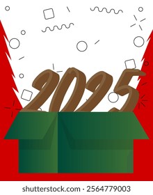 Number 2025 with cardboard box. Vector cartoon folded card box illustration.