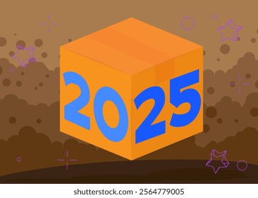 Number 2025 with cardboard box. Vector cartoon folded card box illustration.