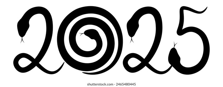 The number 2025 is formed from black silhouettes of coiled snakes, isolated on a transparent background. Symbol of Chinese New Year. Vector illustration