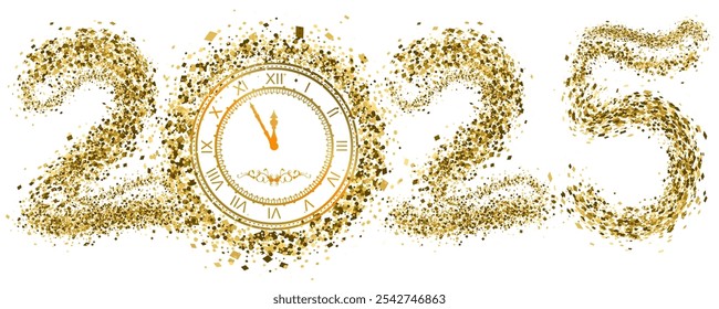 Number 2025 gold confetti on white background and clock face midnight symbol new year and christmas. Vector illustration isolated