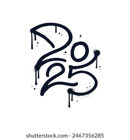 Número 2025 para feliz año nuevo con textura de pintura en aerosol negro en estilo graffiti urbano. Ilustración vectorial grungy de Antiguas. Trazo fino