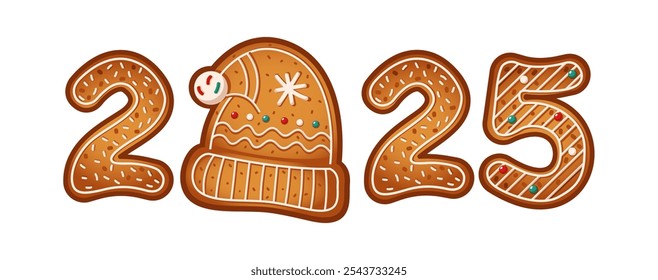 Número 2025 hecho de galletas de jengibre con sombrero de Navidades que reemplaza el objeto de Vector de color plano cero. Próxima ilustración de galletas de Año Nuevo