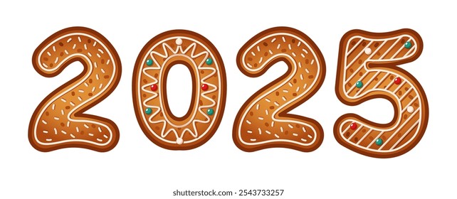 Number 2025 made of gingerbread cookies flat color vector objects. New Year biscuits with icing and sprinkles illustration on white background