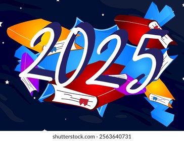 Number 2025 on a book, cartoon vector illustration.