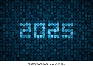 Number 2025 over binary code made from 0 and 1 symbols. Dark digital technology background, data represented by binary number system. Modern technologies