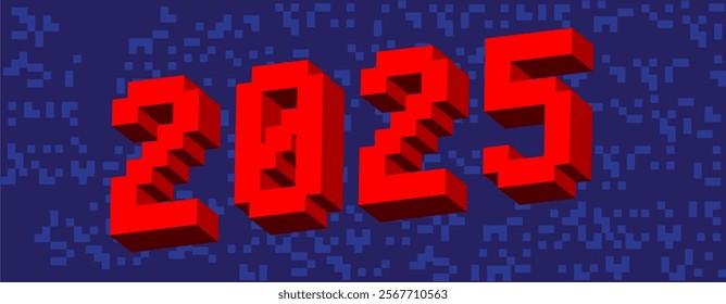 Number 2025 pixelated word with geometric graphic background. Vector cartoon illustration.