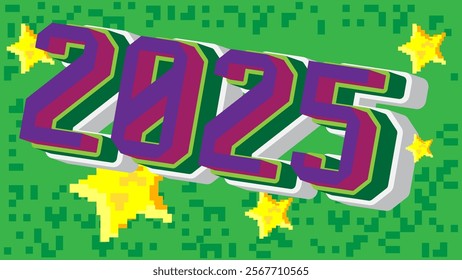 Number 2025 pixelated word with geometric graphic background. Vector cartoon illustration.