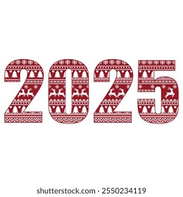 The number 2025 with a Scandinavian pattern. Christmas ornament with reindeer and snowflakes in the traditional Scandinavian style in red on a white background.