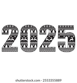El número 2025 con un patrón escandinavo. Adorno de Navidades con renos y copos de nieve en el estilo tradicional escandinavo en rojo sobre un fondo blanco.