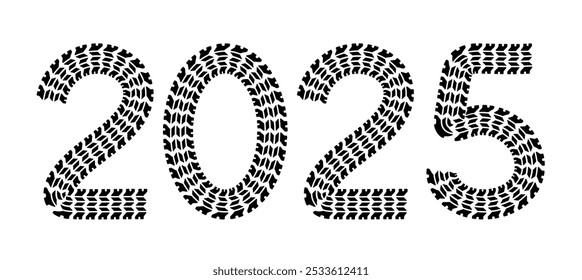 Number 2025 from tire wheel marks of car. New year. Vector illustration