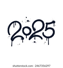 Number 2025 in urban graffiti letters style. New year vintage grunge design element with sprayed paint dots realistic texture. Paint textured vector illustration Isolated on white background.