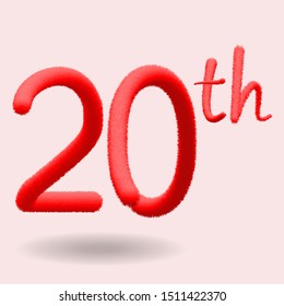 Number 20th Realistic Fur Effect. Fur number and element. Funny fur element for poster, branding, design birthday, anniversary, New Year, holiday sale, game design. EPS10
