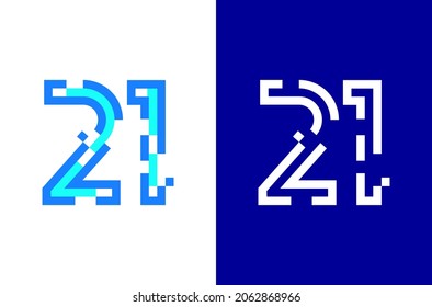 Number 21 digital logo. Numbers design with technology concept. Line logo and pixel