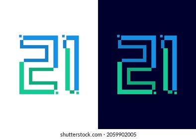 Number 21 digital logo. Technology design with pixel icon. Number twenty one electric font