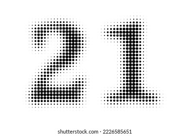 Number 21 Halftone. Pop art style. Halftone dotted backdrop. Design for web banners, wallpaper,sites vector illustration. Abstract Halftone Dotted Number.