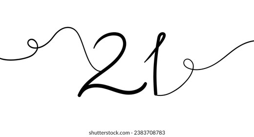 Number 21 line art drawing on white background. 21th birthday continuous drawing contour. Minimal vector illustration