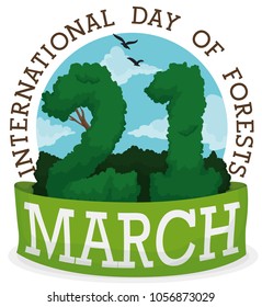 Number "21" made with leaves and branches of trees behind ribbon and scenic view of a landscape to commemorate the date of International Day of Forests in March 21.