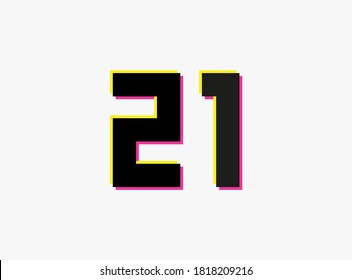 Number 21 vector desing logo. Dynamic, split-color, shadow of  number pink and yellow on white background. For social media,design elements, creative poster, anniversary celebration, greeting and web 