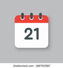 Number 21 - vector icon calendar days. 21th day of the month. Illustration flat style. Date of week, month, year Sunday, Monday, Tuesday, Wednesday, Thursday, Friday, Saturday. Holiday calendare date