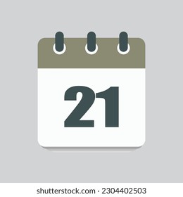 Number 21 - vector icon calendar days. 21th day of the month. Illustration flat style. Date of week, month, year Sunday, Monday, Tuesday, Wednesday, Thursday, Friday, Saturday. Holiday calendare date
